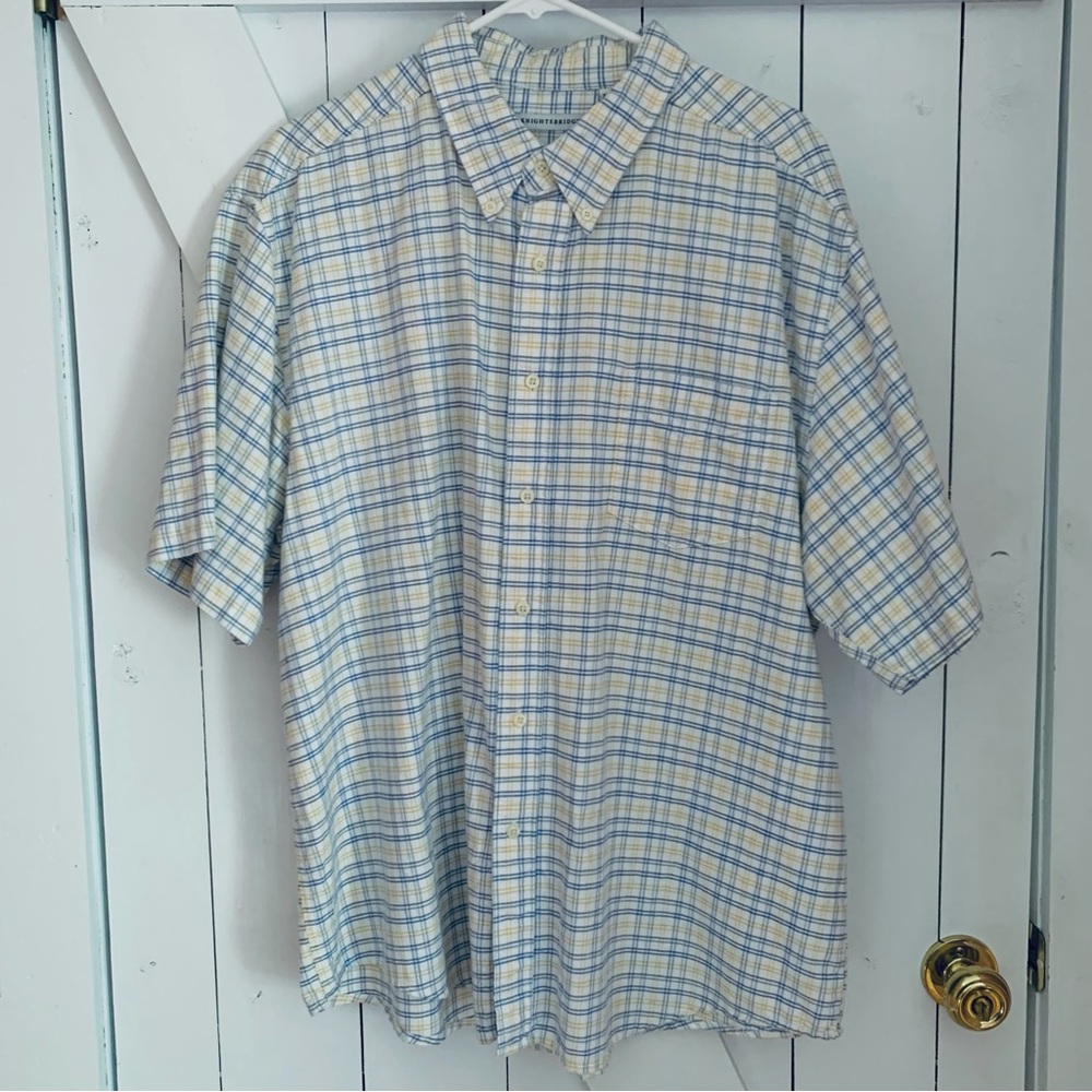 Plaid Button Down Shirt Men's XL 100% Cotton Short Sleeve Collared Dress Shirt
